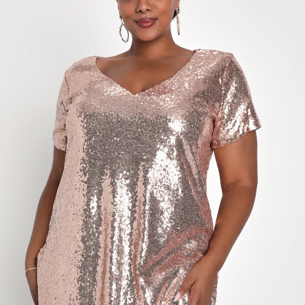 Lulus Light Up the Night Champagne Sequin Shift Dress 3X - Picture 4 of 10